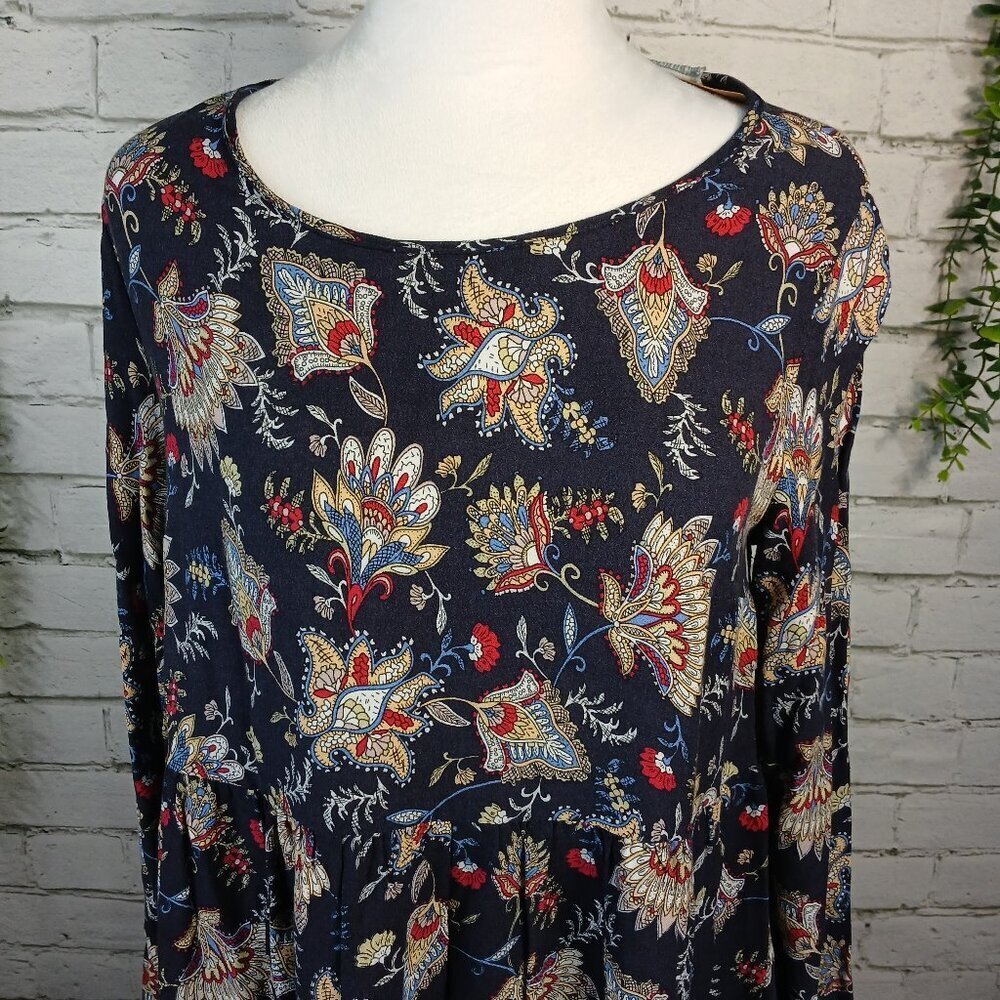 WOMENS CALIFORNIA MOONRISE TUNIC DRESS, NAVY WITH FLORAL DESIGN, SIZE MED, BOHO - Picture 3 of 6